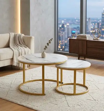2 Round Nesting Coffee Tables White Marble Gold Base , View more