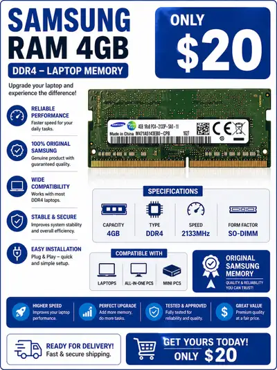 Samsung 4GB DDR4 laptop RAM module, perfect for upgrading your system's memory. This RAM stick opera...