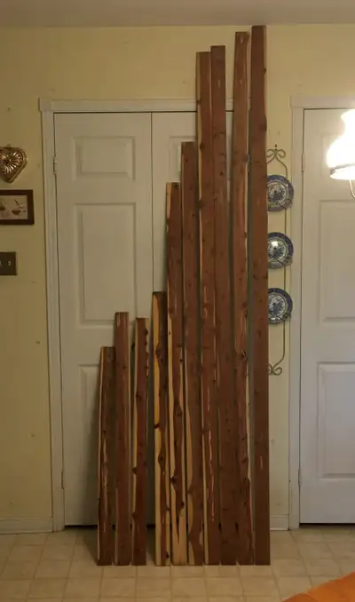 Red cedar tongue and groove wood planks. 2.5 inches wide and 1/4 inch thick. Lengths starting from r...