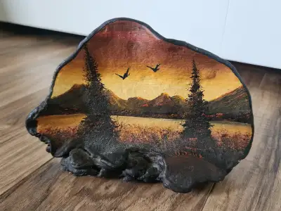 FUNGI ART PAINTING for sale. Hand painted image on Artist's Conk (mushroom). Eye catching mountain l...