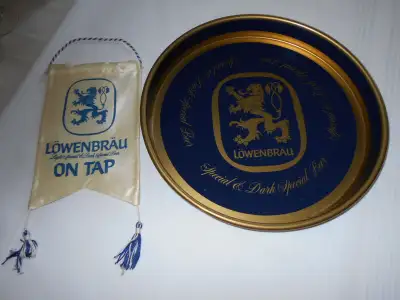 Lowenbrau Metal Tray and Lowenbrau Banner are great for a bar or the Man Cave. Great gift.