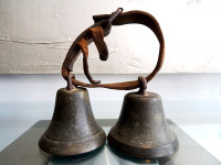 BELLS antique SCHOOL YARD handheld LEATHER BUCKLE STRAP bronze