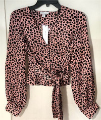 Topshop Women's Long Sleeve Pink Leopard Print V-neck Top sz 2