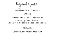 Seamtress/ seamtress wanted for small to medium projects: