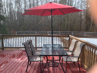 Patio Garden Glass Top Table,4 Chairs,Sun Umbrella.