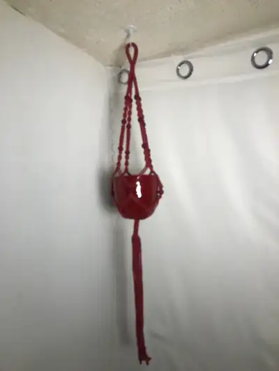 Red Beaded Macrame Plant Hanger. Breast Cancer Fundraiser , View more