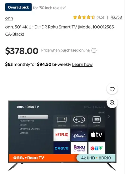 BRAND NEW50" ONN 4K ROKU SMART TV FROM $260 FIRM, View more