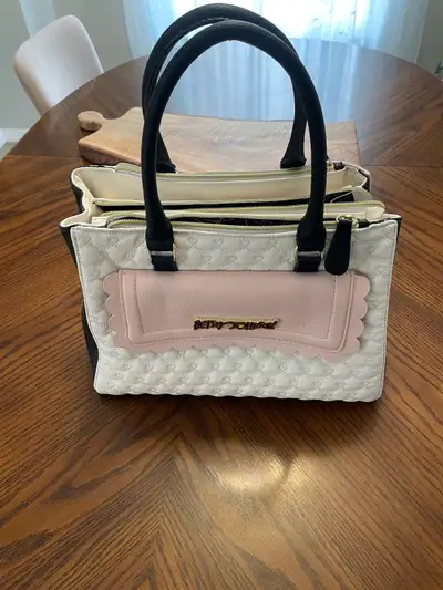 Betsey Johnson Black Pink Cream Quilted Heart Embroidery Handbag, View more