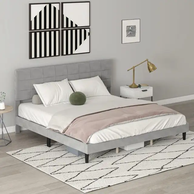 Modern King Size Bed Frame with Upholstered Headboard  in Beds & Mattresses in Markham / York Region - Image 11