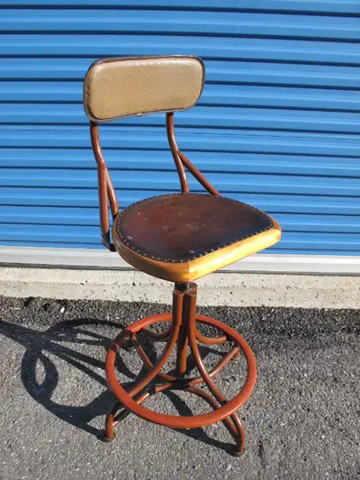 Stool swivel industrial drafting machine age steel wood leather, View more