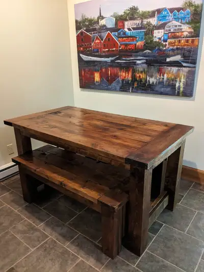 Pine farmhouse tables and benches, View more