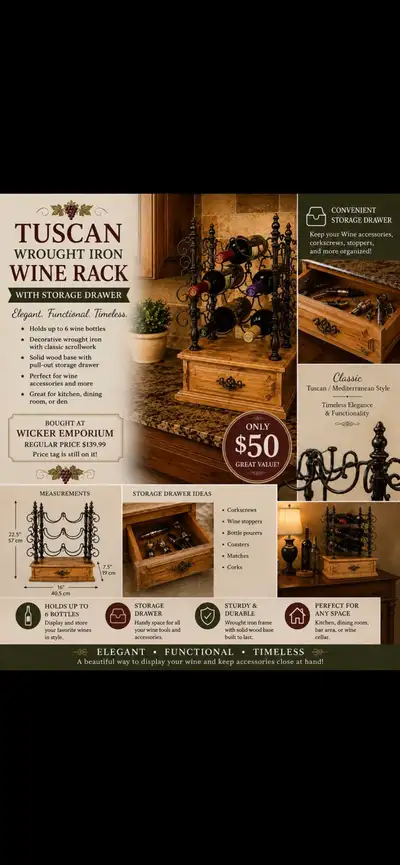 NWT Elegant Wrought Iron Wine Rack With Storage Drawer, View more