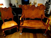 antique Eastlake SETTEE LOVESEAT SET late 1800s TIGER MAPLE