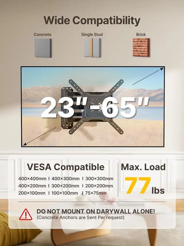monTEK Long Arm TV Wall Mount - 23-65” - Up to 77lbs in TV Tables & Entertainment Units in Markham / York Region - Image 3