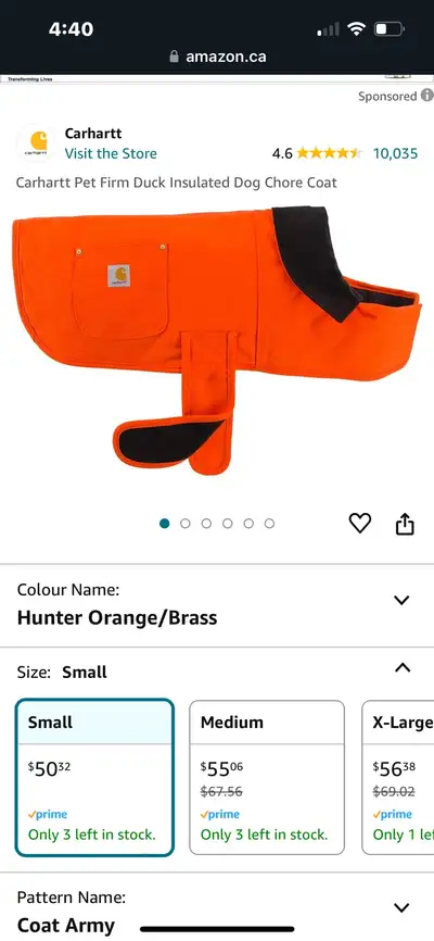 Brand new Carhartt pet insulated dog chore coat
