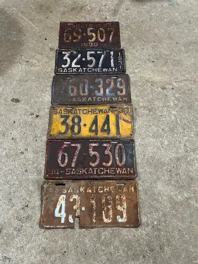 Saskatchewan plates. 30,31,34 $25 each 32,33 $20 each 35 $10 Phone or text 306-960-2052