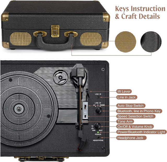 BNIB Vinyl Record Player 3-Speed Bluetooth Suitcase Portable in General Electronics in Markham / York Region - Image 4