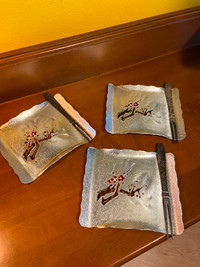 Like New 3 Japanese Silver Metal Painted Mini Trays and Forks