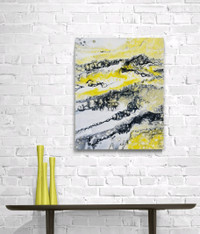 Abstract yellow silver white & black / crushed glass & glitter 