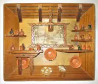 Hand Carved Country Log Cabin Kitchen Wooden Shadow Box Diorama
