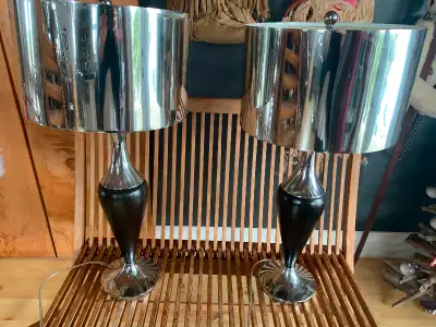 2 table side lamps chrome/ wood combo, View more