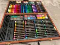 Solid wood, art supply craft box with utensils, crayons, paints!