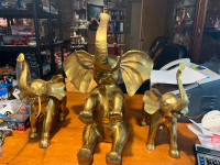 BEAUTIFUL BRASS ELEPHANT TRIO GORGEOUS STATUE DECORATION