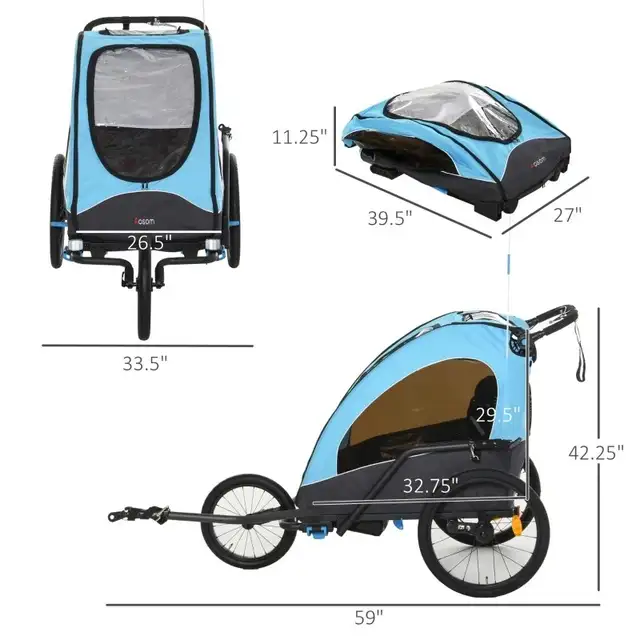 Child Bike Trailer 3 In1 Foldable Jogger 2-Seater in Strollers, Carriers & Car Seats in Markham / York Region - Image 4