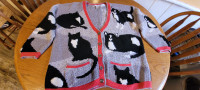 1990's Hand-knit Ladies' Cat Cardigan XL