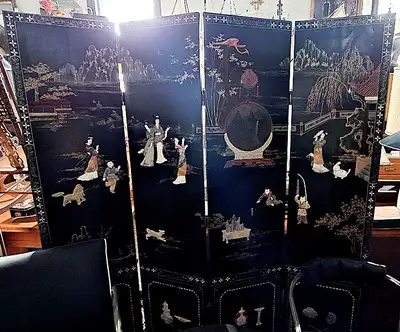 ASIAN BLACK LACQUER ROOM DIVIDER w LADY FIGURES, View more