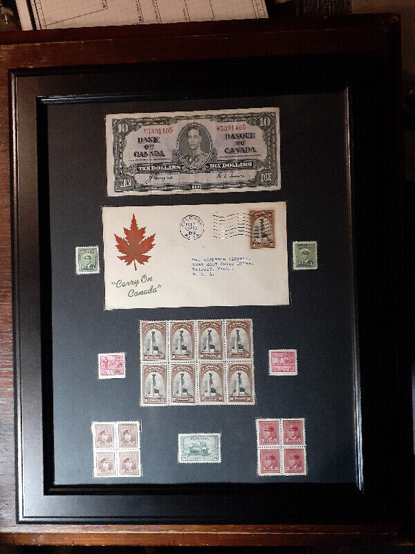 Canada 1937 coronation  ww2 and German stamps and bills framed in Arts & Collectibles in Edmonton - Image 3