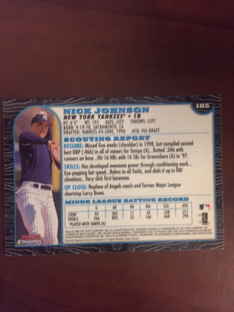 1999 Bowman Chrome Nick Johnson rookie baseball card (#185) in Hobbies & Crafts in City of Toronto - Image 2