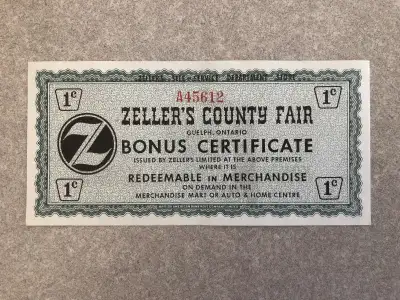 Vintage 1960’s Zeller’s County Fair Guelph Bonus Certificate, View more
