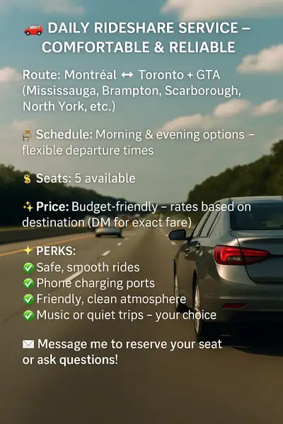 Rideshare Ottawa, Toronto, Montreal, View more