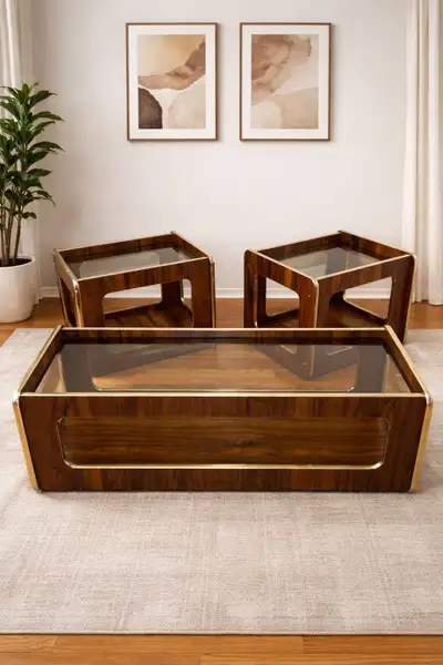 70s MCM Cantilever 3-Piece Table Set - Smoked Glass & Br, View more
