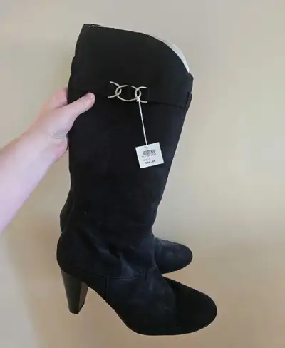 Black Suede Knee-High Boots with Silver Buckle Detail, View more