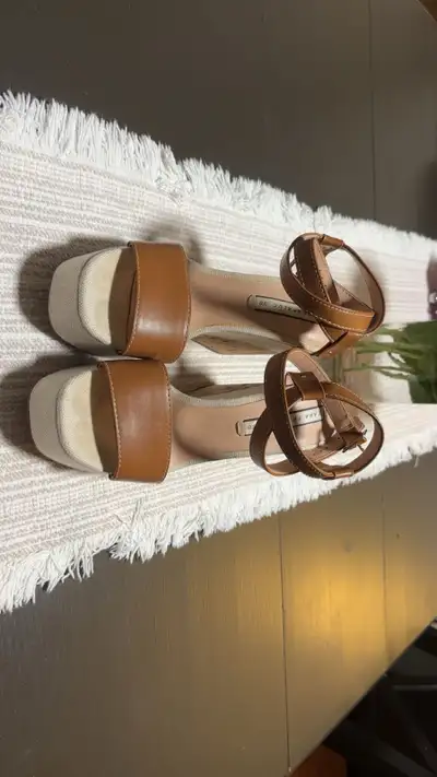 Zara TRF Cognac Brown Ankle-Strap Wedge Sandals EU 38 , View more