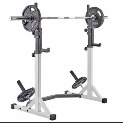 YORK Adjustable squat stand, Weight Bench, Bar, & metal plates, View more