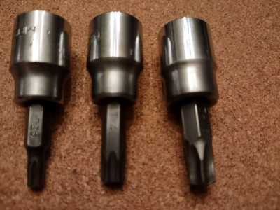 I have three torx drive sockets that are 3/8" drive. They are T25--T40 and T45. Craftsman. 30 dollar...