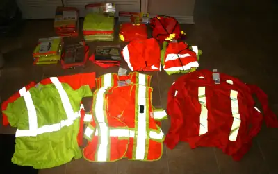 LOT OF Safety Vests + some shirts New, some out of packaging 35 + pieces Adult sizes