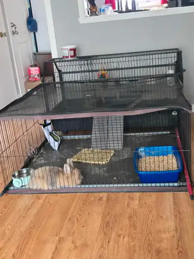 Cage lapin sur roulette avec parc 61''. Cage 47'' longueur, 22'' largeur, 26'' hauteur. Parc,45'' lo...