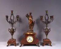 Antique French Le Creusot Marble Mantel Clock Candlesticks Garni