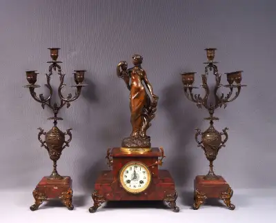 Antique French Le Creusot Marble Mantel Clock Candlesticks Garni, View more