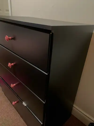 Black 6-Drawer Dresser w/ Pink Rose Knobs  (Moving Sale), View more