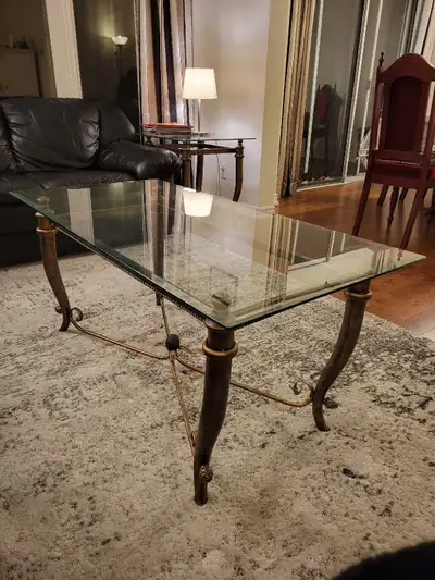 Large glass top coffee table with gold accent, View more
