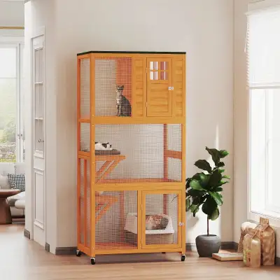 74" Wooden Outdoor Cat House Weatherproof & Wheeled with High We, View more