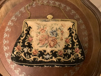 Antique/Vintage Needlepoint Evening Bag w Ornate Closure Clip