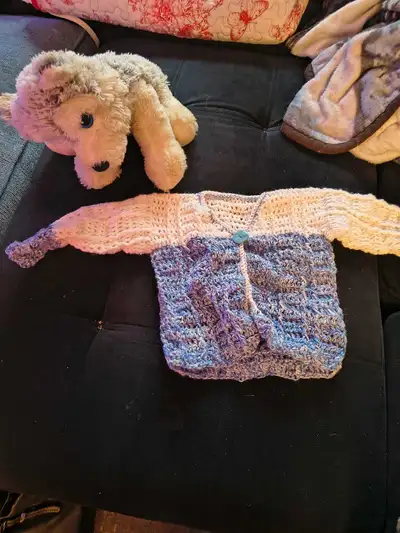 infants crocheted sweater and teddy bear, View more