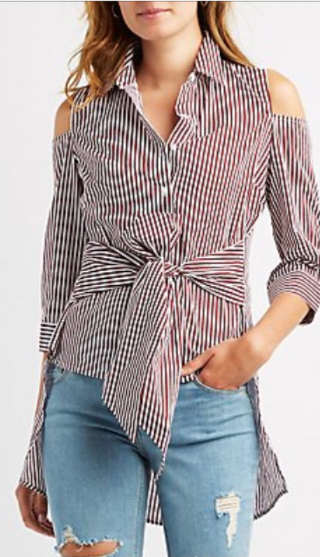 Red & White Striped Button-Up & Tie Front Christmas Shirt M in Other in Calgary