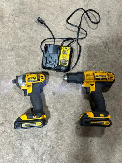 Dewalt 20v impact gun, drill and batts charger, View more